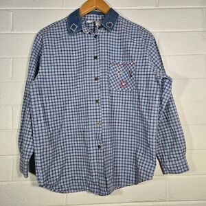 Vtg Capacity Plaid Button Shirt Large Blue Denim Collar Embroidered 90s Check
